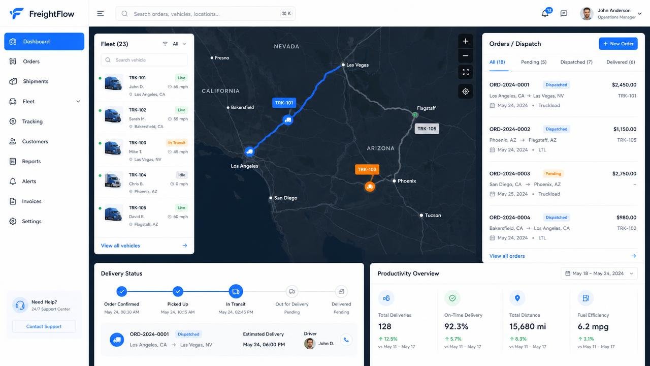 Captura de pantalla: Plataforma de logística y transporte